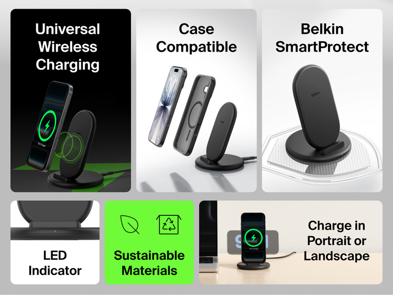 Belkin BoostCharge Wireless Charging Stand 15W shown with key features including universal wireless charging, case compatibility, SmartProtect technology, LED indicator, sustainable materials, and 15W fast charging.